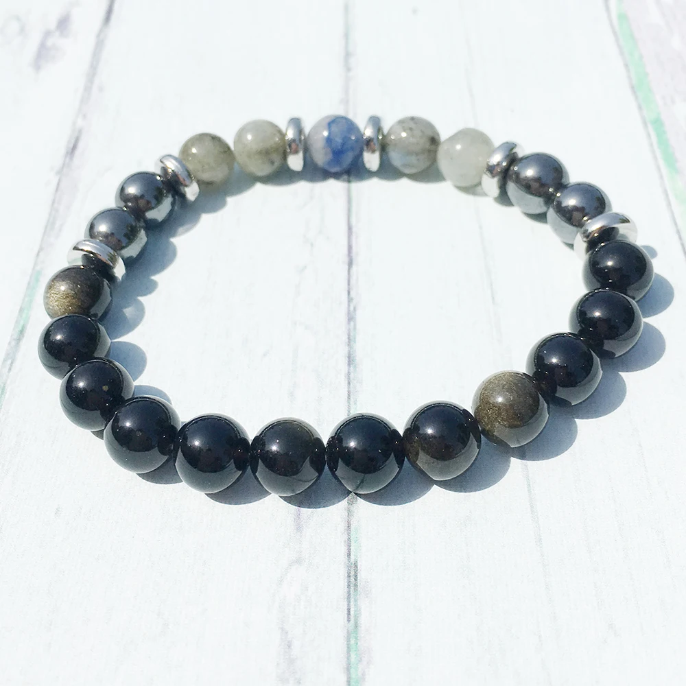 MG0444 8 mm AA Grand Golden Obsidian Bracelet Natural Labradorite Stacking Bracelet Hematite Men`s Energy Healing Bracelet