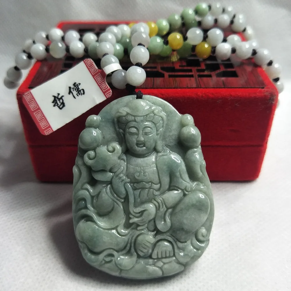 

Zheru Jewelry Pure Natural Jadeite Green Ruyi Guanyin Pendant Three-color jadeite jade necklace Send A-level certificate