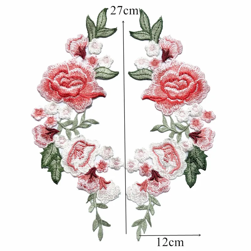 2PCS 27CM Embroidered Sew On Patches Roses Flowers Peony 5 Colors Wedding Appliques Lace Trims For Bride Evening Dress DIY