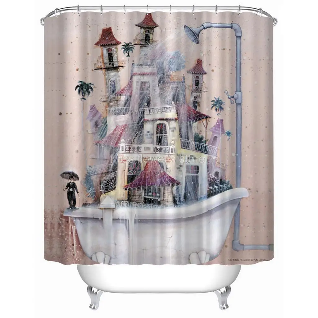 Chaplin Castle Bathtub Design Shower Curtain Bathroom Waterproof Mildewproof Polyester Fabric With 12 Hooks 180cm*180cm