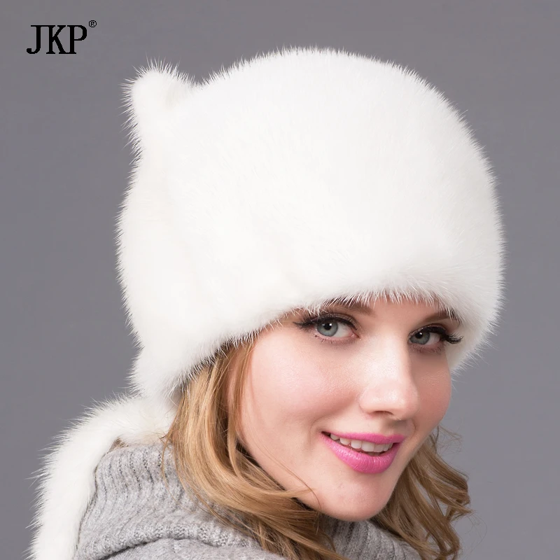 Winter Hot Sale Women's Hat Real Natural Mink Fur Hat Ladies Fall Winter Warm Fashion Cute White Ears and Mink Tail Cap