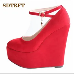 SDTRFT stilettos small Yards:30 31 32 33-43 sweet 15cm High-Heeled Ankle strap Suede platform shoes wedges shallow mouth pumps