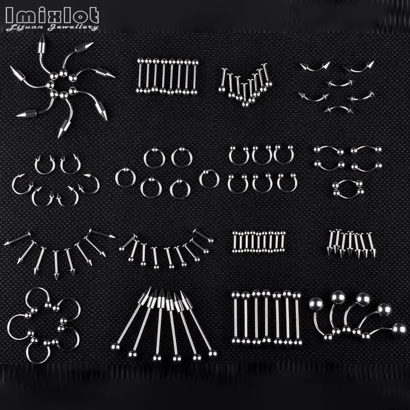 45/85/80/105Pcs Mix Styles Stainless Steel Tongue Eyebrow Belly Nose Ring Ear Cartilage Tragus Body Piercing Jewellery Wholesale