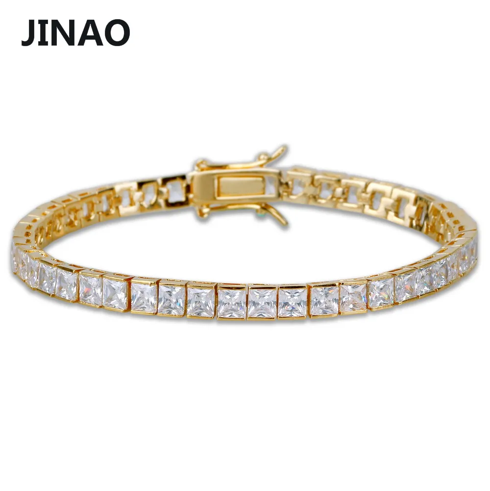 JINAO 1 Row 6mm Hip Hop Bracelet Gold Color Plated Micro Pave AAA Cubic Zirconia Iced Out Bling Box Chain Bracelet Men\'s Gift