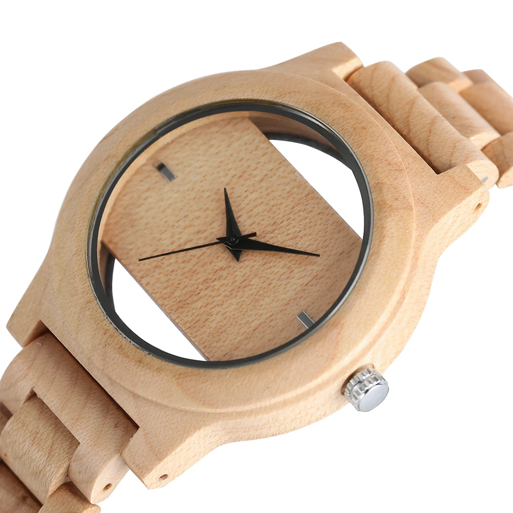 Unique Hollow Dial Men Women Natural Wood Watch with Full Wooden Bamboo Bangle Quartz Wristwatch Novel Handmade Clock Gifts Item