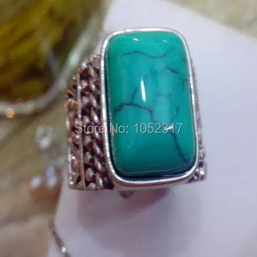 5Pcs /Lot Hot Sale Classic Tibet Silver Simple Style Rectangle Green stone Bead Ring Unisex Gift