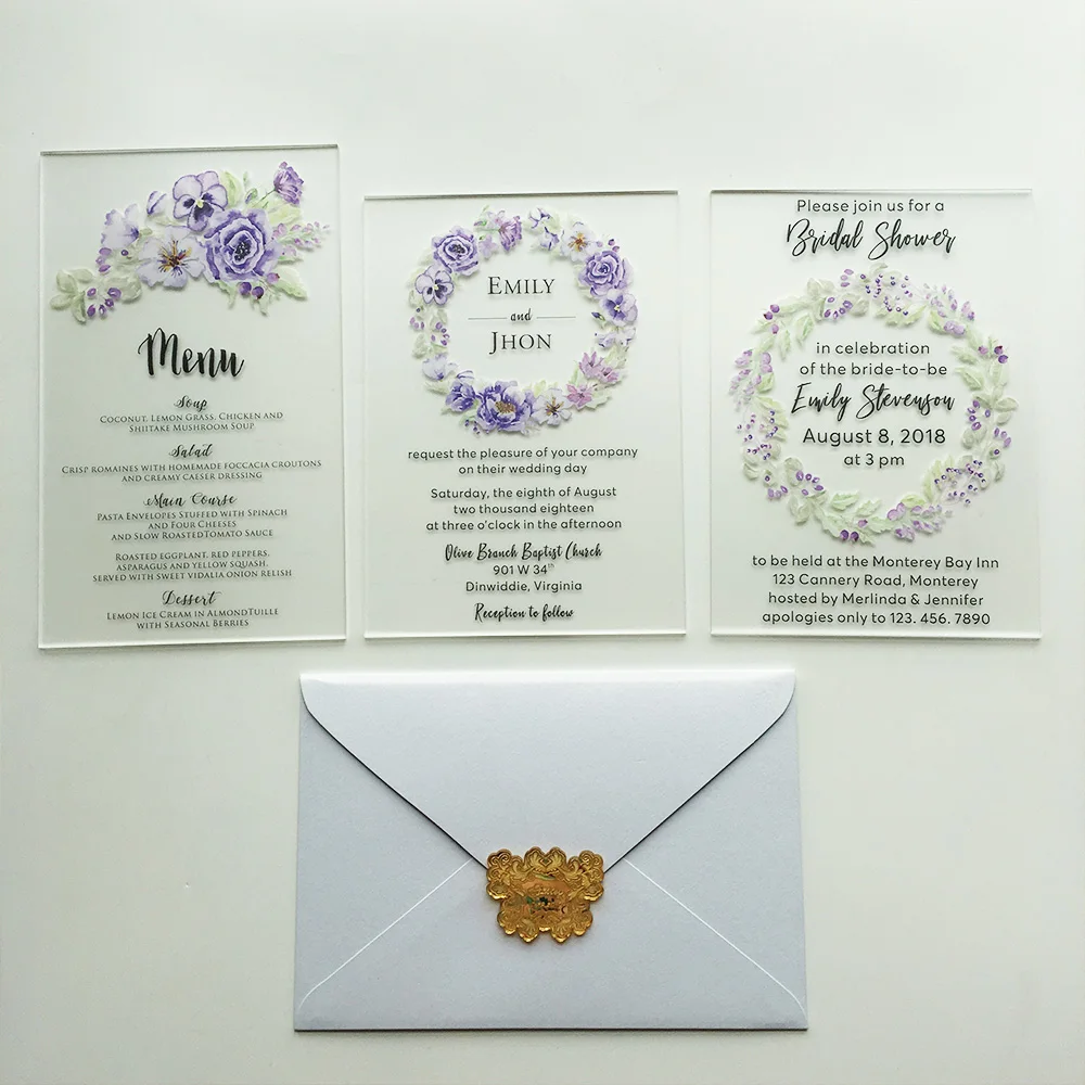 Fantastic Floral Watercolor Style 5x7inch Frosted Acrylic Wedding Invitation Card Set 100sets Per Lot