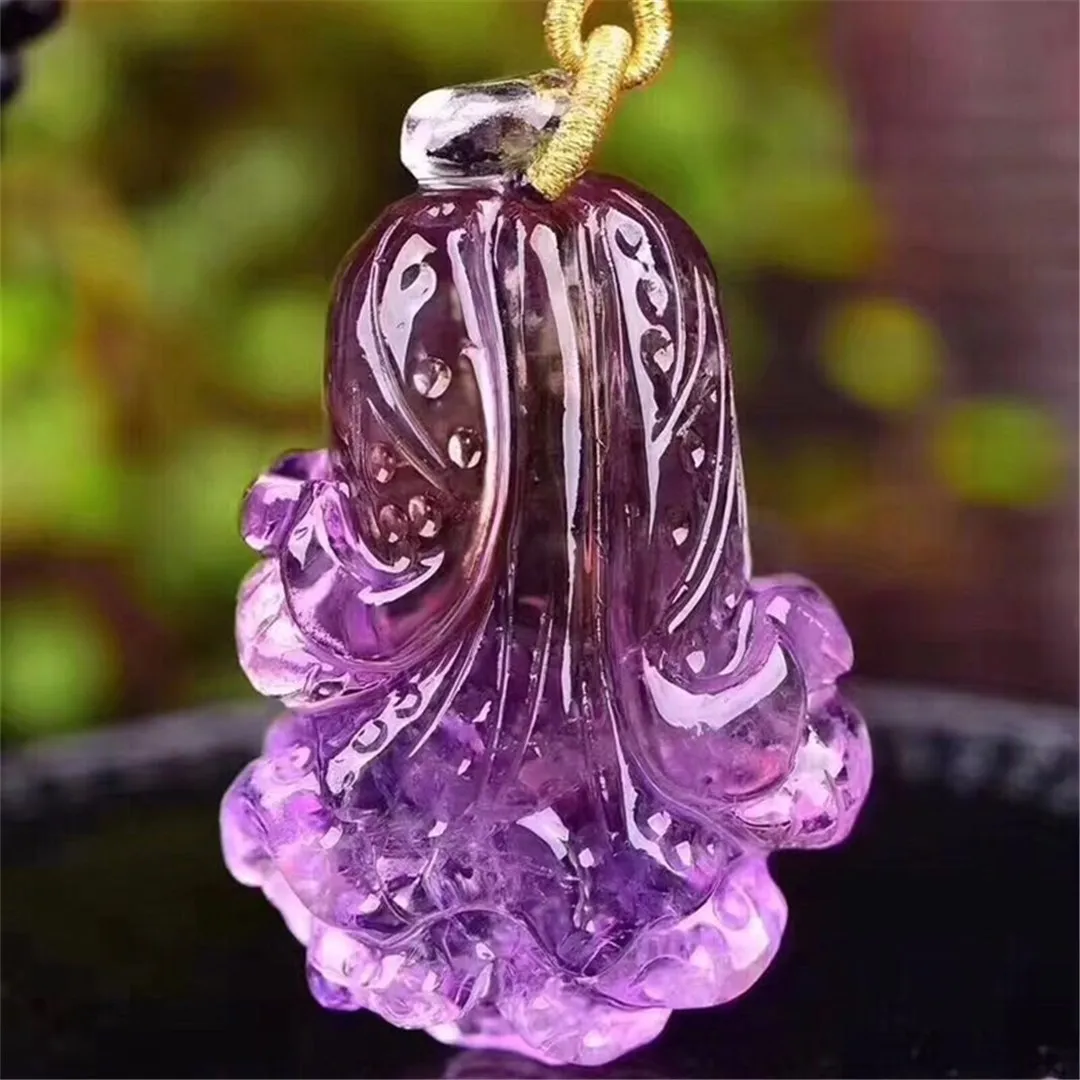 Natural Purple Citrine Chinese Cabbage Pendant bai lu lai cai Necklace Sweater Chain Handmade Carving a Generation of Fat