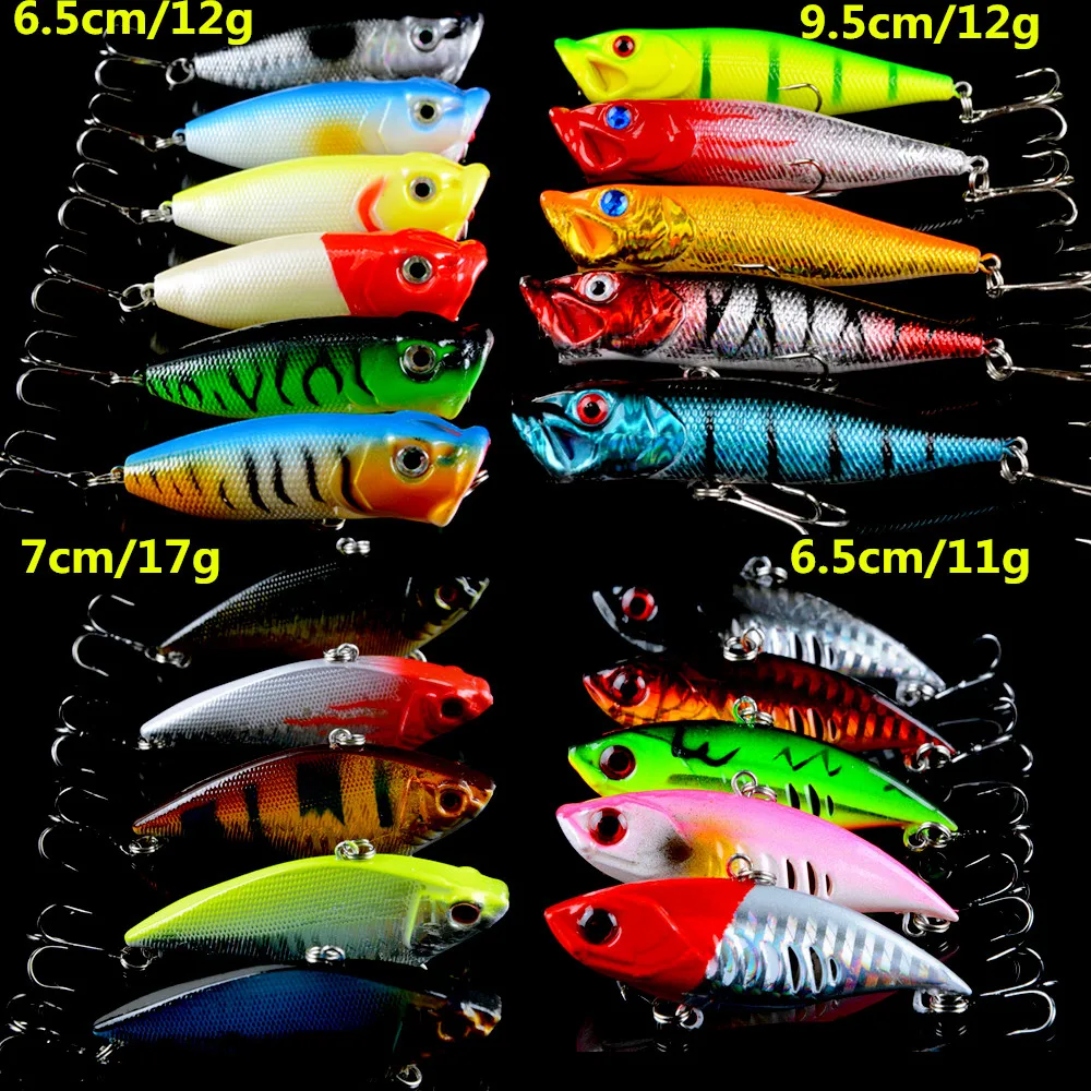 Hot 21pcs/Lot Fishing Lure Mixed 4 Models or 21 Color Top Water Popper Lure Fishing Tackle VIB Lures Mix Fishing Bait