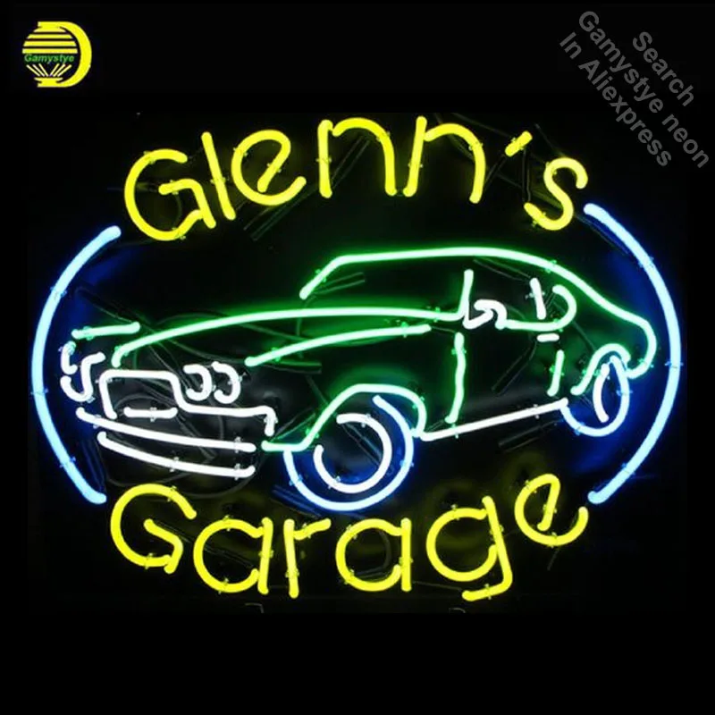 

Glenn's Garage Neon Sign light Car Neon Bulb Signage Vintage neon signs Business Sign Real Glass Tube with clear Board Beer Sign