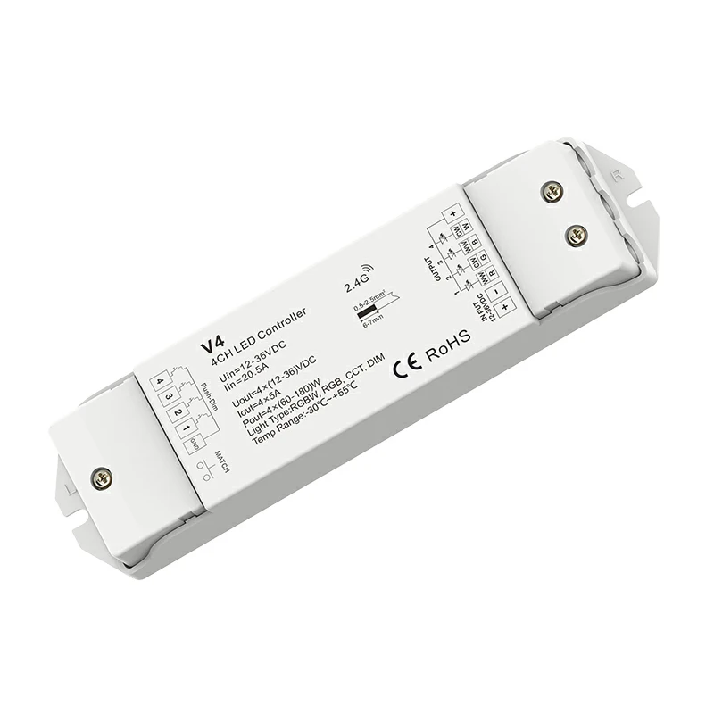 

Skydance Led RGB RGBW Strip Controller 2.4G RF Wireless DC 12V 24V 5Ax4CH 4 Channel 20A Output Receiver V4-L