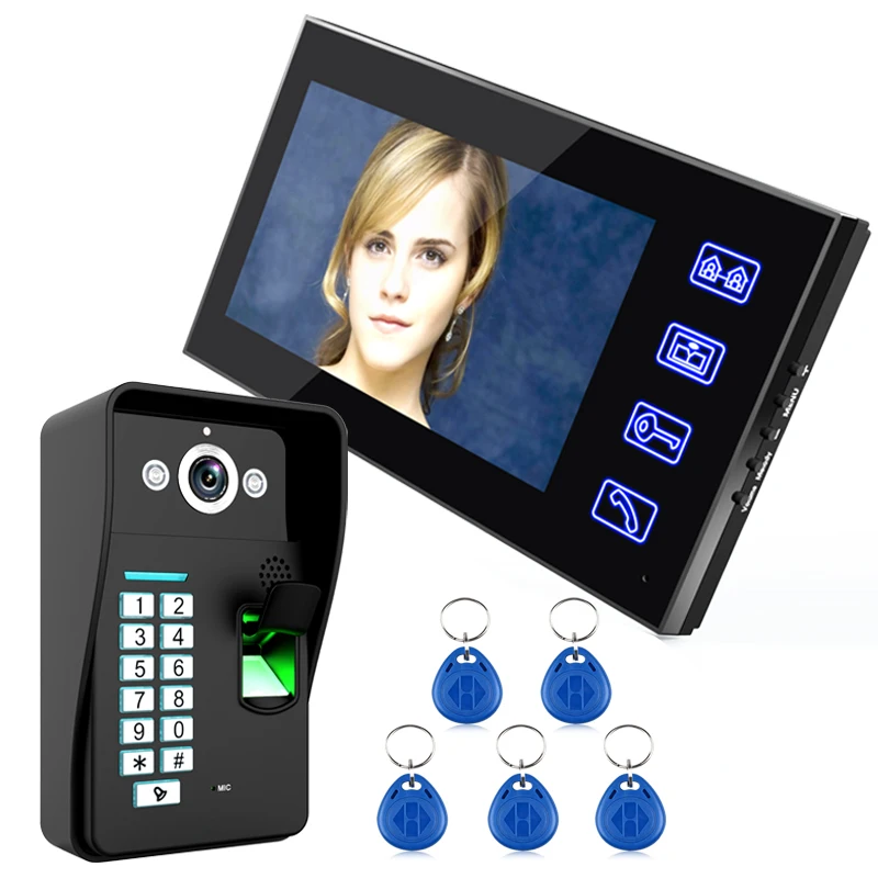 Video Door Intercom Touch Key 7" Lcd Fingerprint  Entry System Kit  Rainproof IR Camera for Home Villa Building Apartment