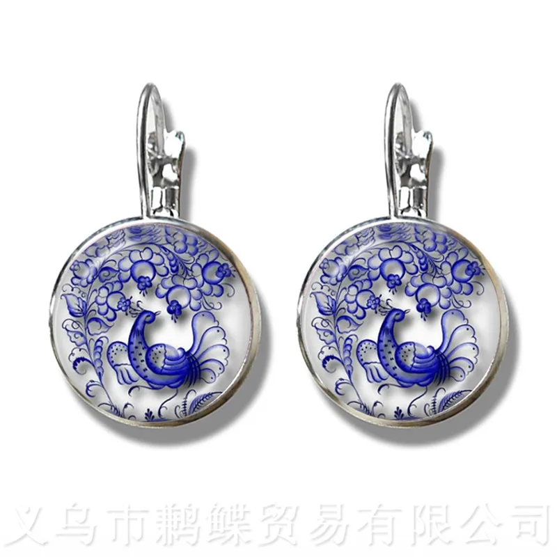 Peacock Pattern Glss Dome Earrings New Fashion Round Glass Peacock Feathers 16mm Glass Dome Stud Earrings For Women