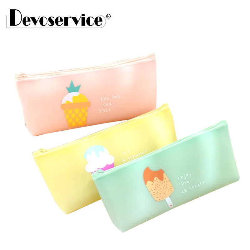 

New Cute Kawaii Ice Cream Portable PU Pencil Bag Silicon Pen Case Pocket Pounch Stationery Storage Organizer For School Supplies