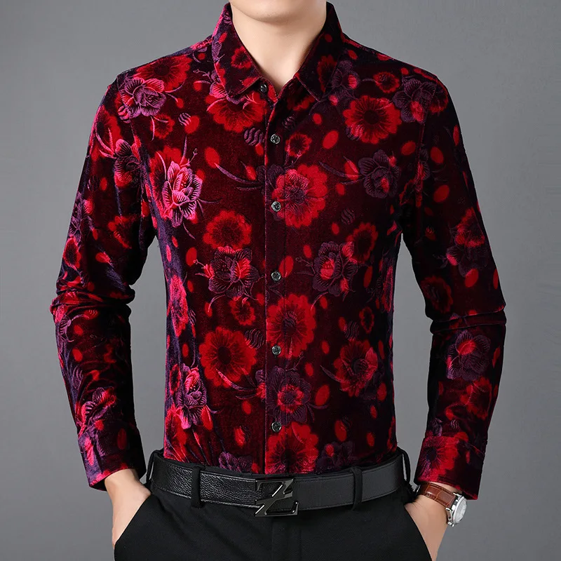 Beautiful Flower Luxury Shirts For Men Fashion Casual Long Sleeved Autumn High Quality Velvet Soft Comfortable Camisas De Hombre