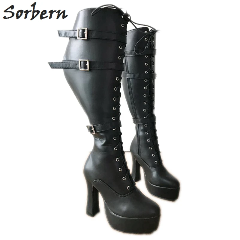 

Sorbern Lace Up Round Toe Knee High Boots For Women Zip Up Straps Buckles Spool Heels Platform Boots New Womens Shoes Size 10