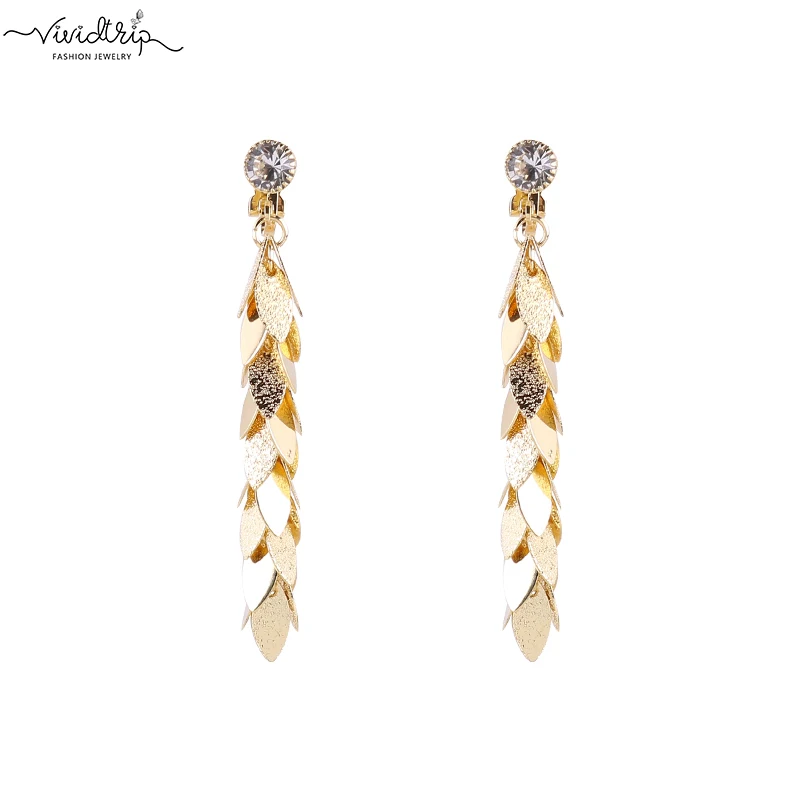 Bohemia Ethnic Vintage Copper Leaves Sequins Tassel Long Clip Earrings Without Piercing For Women Luxury Wedding Dangle Ear Clip