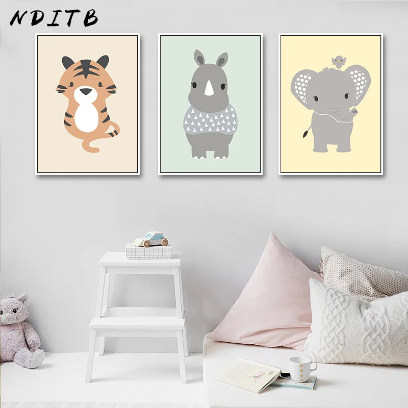 NDITB Woodland Animal Tiger Elephant Canvas Painting Cartoon Wall Art Posters Nursery Prints Nordic Kids Decoration Pictures