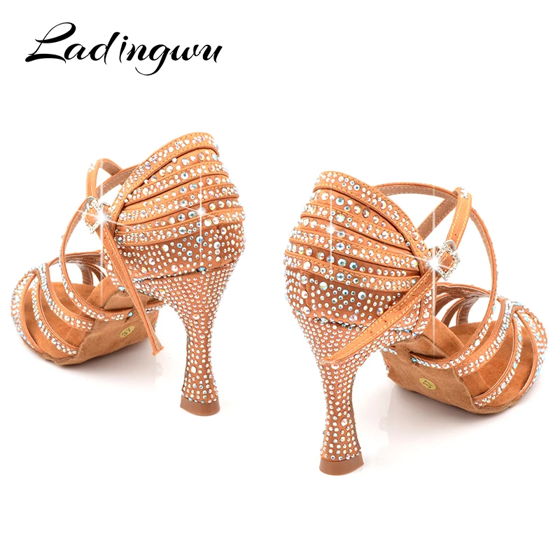 Ladingwu Dance Shoes Latin Woman Salsa Silk Satin Dancing Shoes Glitter Rhinestone Professional Dance Shoes Ballroom Soft Bottom