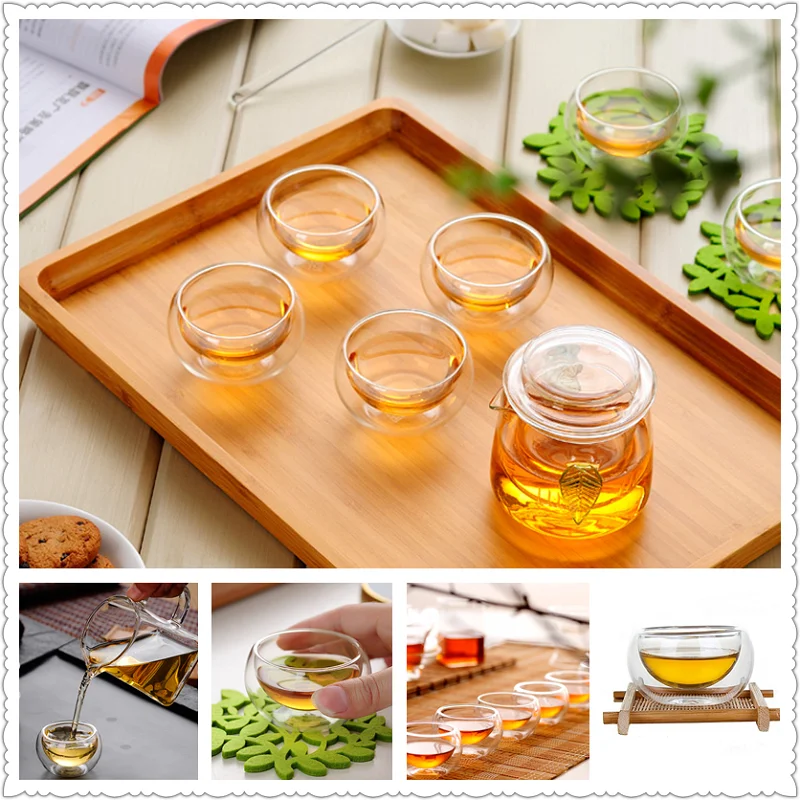 Durable 6pcs/Set 50ML Clear Cups Drinking Healthy Cup Heat Resistant Double Wall Layer Tea Cup Gift Water Flower Tea Cups