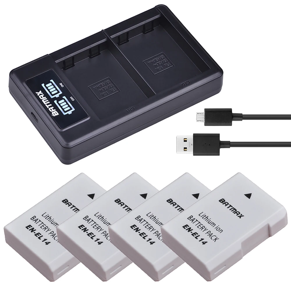 

Batmax 4PCS EN-EL14 EN-EL14a White Battery +LED USB Dual Charger for Nikon D3400 D3300 D3100 D5600 D5100 D5200 D3200 P7000 P7100