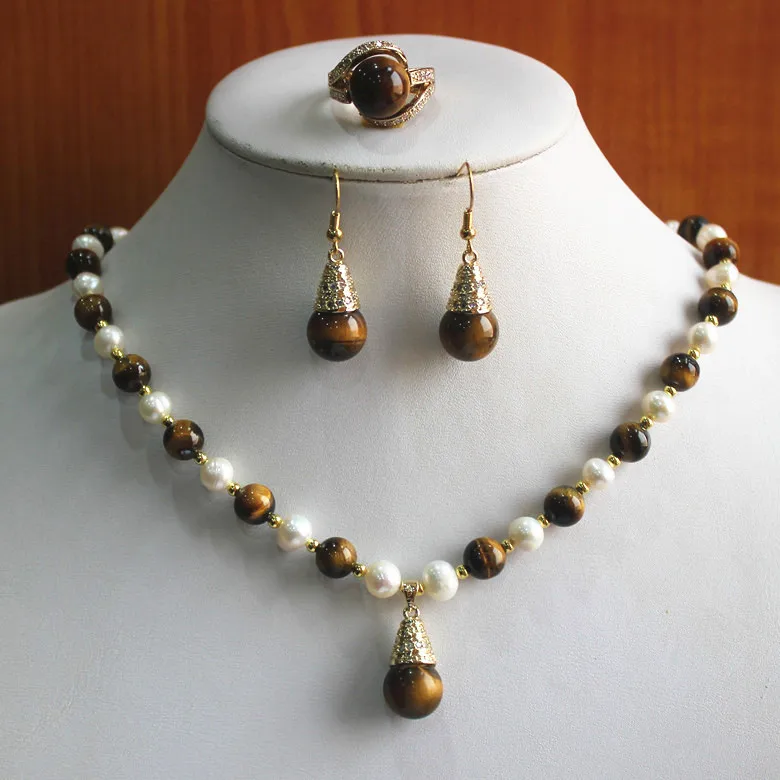 

birthday gift! jewelry set!Wholesale noble Women's white pearl mixed tiger eye jade Necklace earring ring(7/8/9) set #220