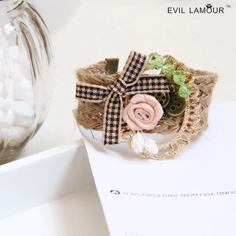 Princess Lolita bracelet Small fresh artificial crystal flower bow hemp bracelet countryside vintage jewelry bracelets gift