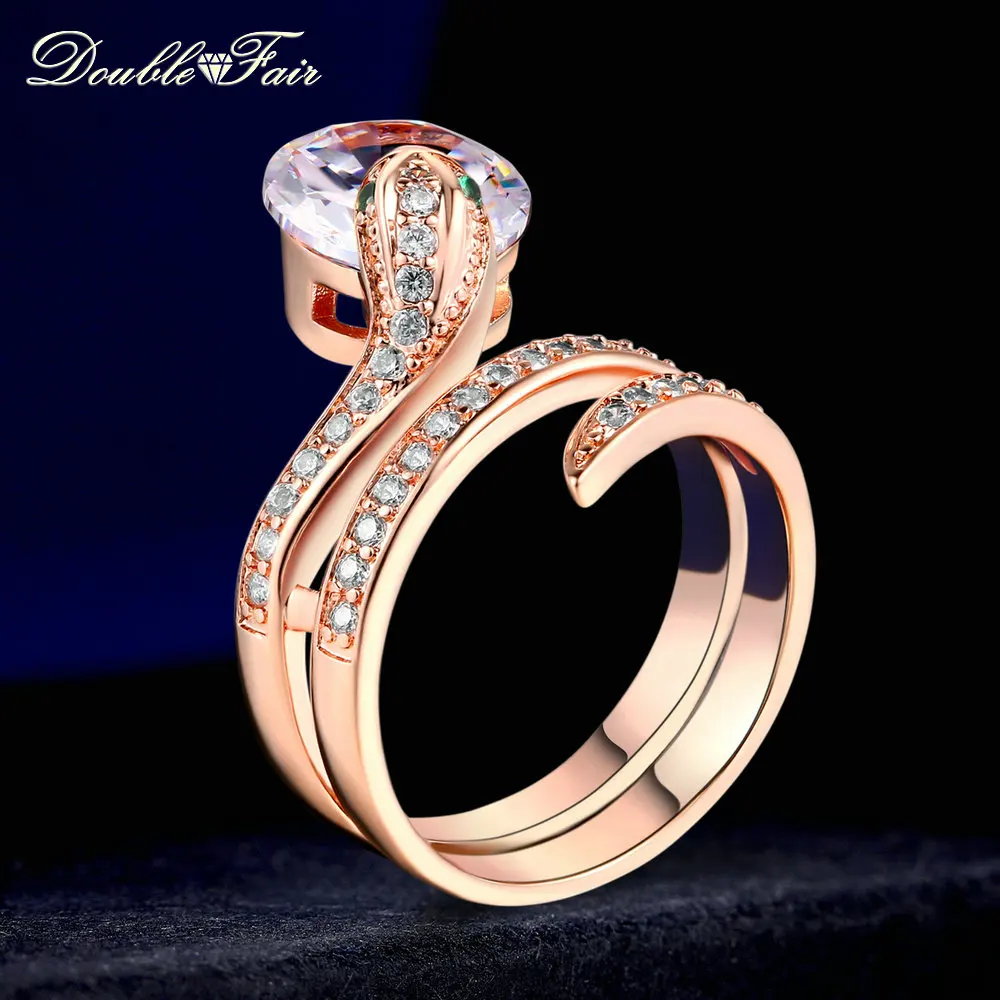 Double Fair Snake Shape Clear Green Cubic Zirconia Finger Rings Rose Gold Color Fashion Punk Style Jewelry For Women DFR271