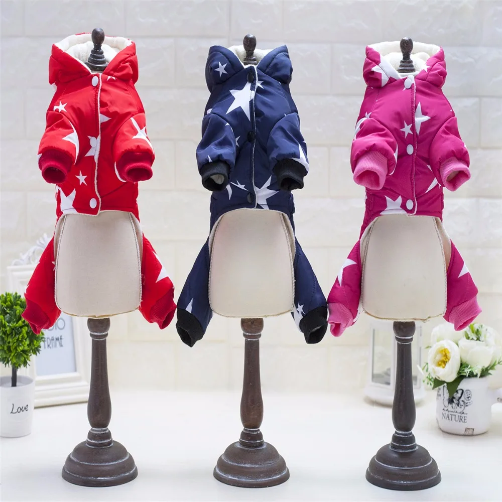 Snowsuit For Small Dogs Fleece Lined Star Belt Hooded Jumpsuit Four-Legs Pants Winter Coats Puppy Dog Chihuahua Apparel Cloth