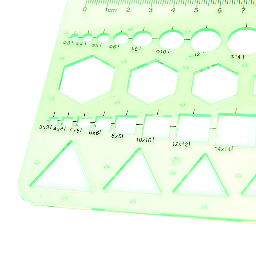 Règle géométrique, cercles en plastique verts, carrés, hexagones, taille de la règle: 22x10.5cm, 0-20cm