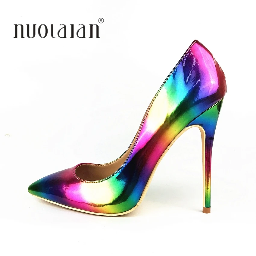 Brand fashion Women Shoes Colorful Rainbow Printed Woman Shoes Sexy Stilettos High Heels 12cm/10cm/8cm Pointed Toe Women Pumps