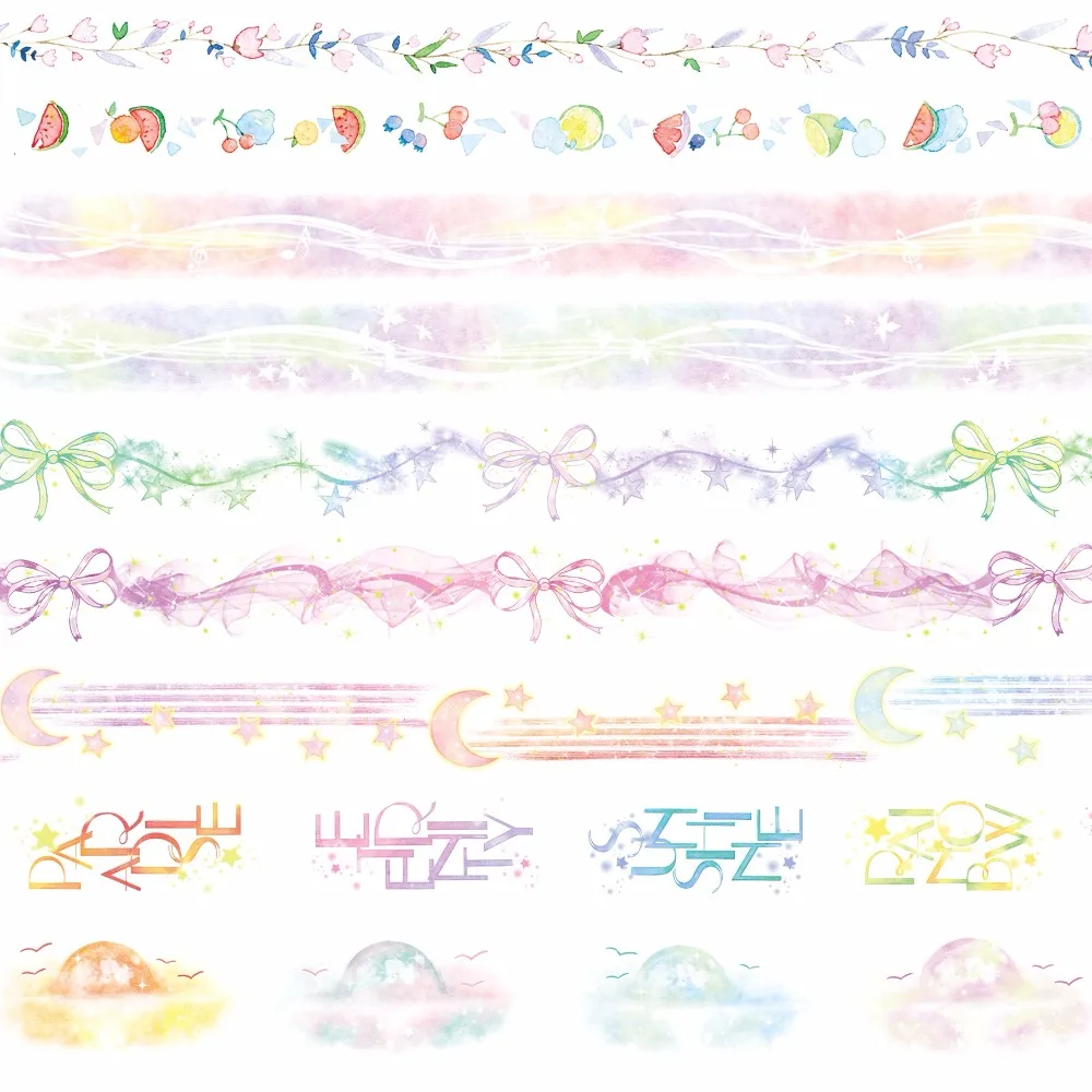 

9 Designs Bow/Rainbow/Flowers/Moon/Lace/Fruits Cartoon Japanese Washi Decorative Adhesive DIY Masking Paper Tape StickerGift