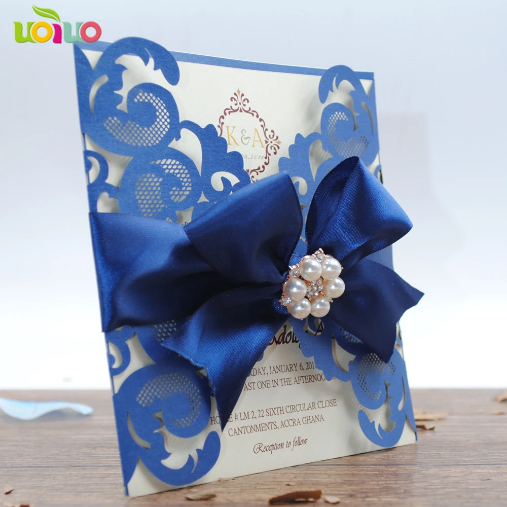 DIY 25set customize inc277 laser cut wedding invitation card tied naby blue bow big rhinestone+printing card+envelope with seal