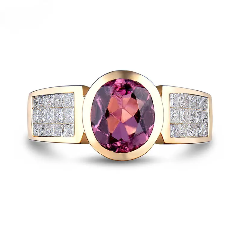 

LANMI Elegant Pink Tourmaline Diamond Rings Real 14Kt Yellow Gold Rings for Women Wedding Party Jewelry