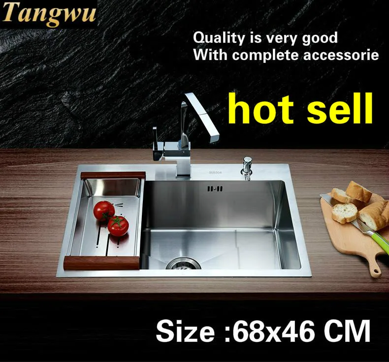 

Free shipping Hot sell standard kitchen manual sink single trough durable 304 food grade stainless steel luxury 68x46 CM