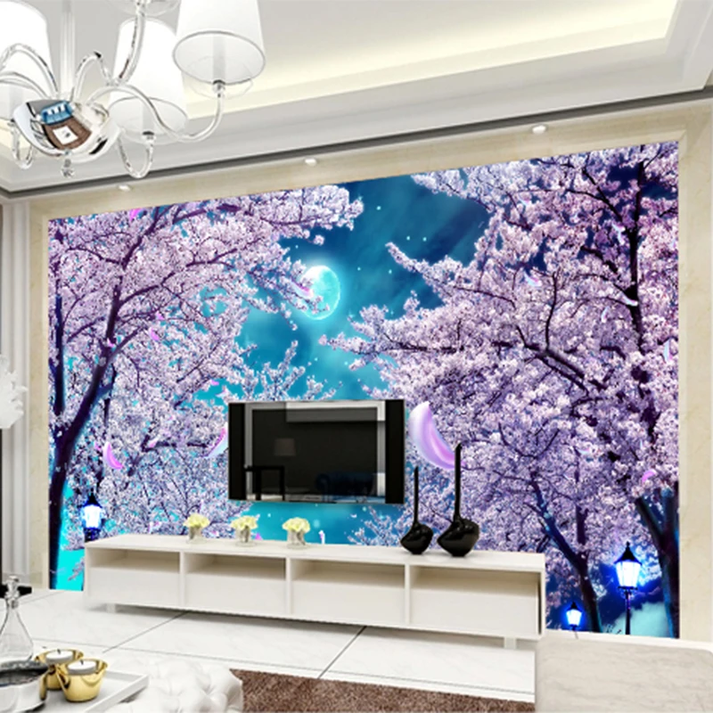 Custom Any Size Mural Wallpaper 3D Blue Sky Cherry Blossom Tree Flowers Wall Cloth Modern Landscape Living Room Papel De Parede