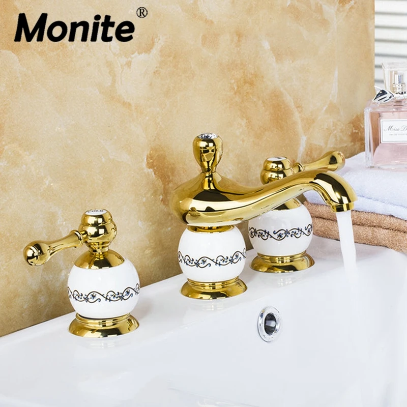 

Monite Golden Polished 3 Pcs Set Bathtub European Design Bathroom Faucet Deck Mounted Luxury Shower Basin Mixer Tap Faucet