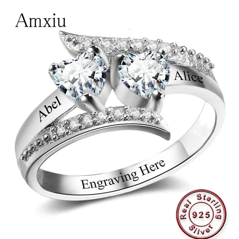 Amxiu Personalized Wedding Ring Custom Two Names Rings 925 Sterling Silver Ring with Birthstones Name Ring For Women Accessories