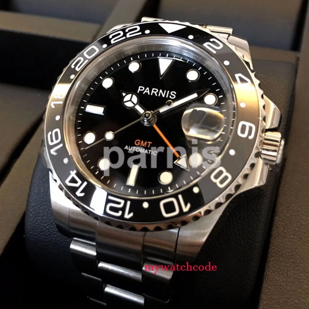 40mm PARNIS Black Dial Luminous Sapphire Glass GMT Automatic Mens Luxury Brand Top Mechanical Watch Relogio Masculino Solid Back