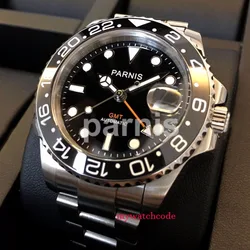 40mm PARNIS Black Dial Luminous Sapphire Glass GMT Automatic Mens Luxury Brand Top Mechanical Watch Relogio Masculino Solid Back