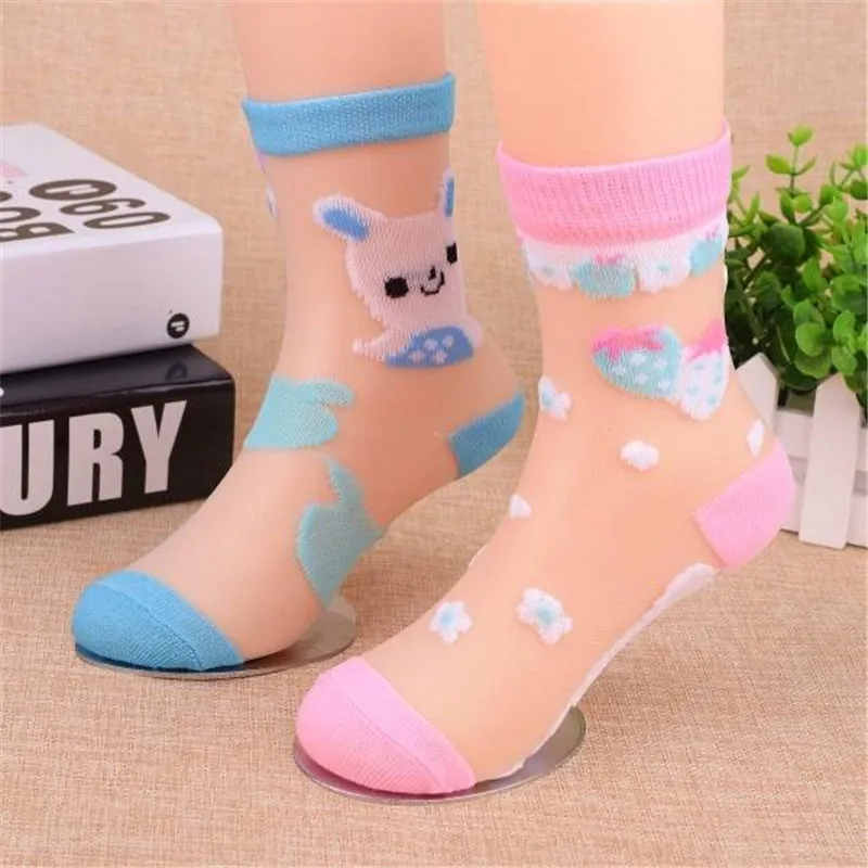 6 Pairs/Lot Summer Girls Socks Ultra-thin Breathable Style Crystal Baby Kids Socks Trendy Elastic Printed Silk Children Socks