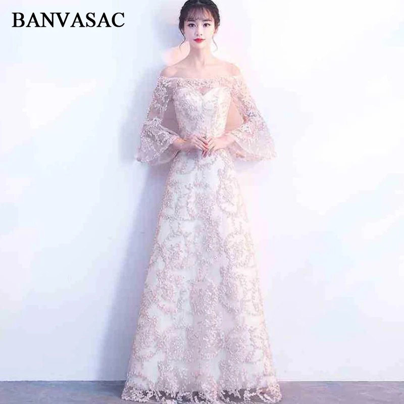 

BANVASAC 2018 Boat Neck Sequined Sash A Line Long Evening Dresses Party Lace Embroidery Long Sleeve Prom Gowns