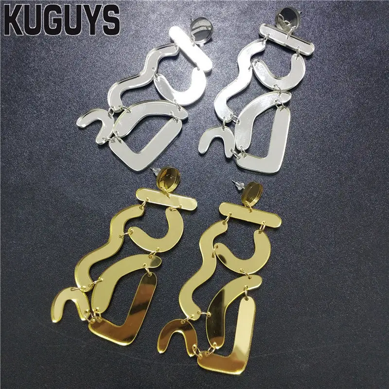 KUGUYS Acrylic Geometric Large Drop Earrings for Women Trendy Jewelry Gold Silver Color Irregular Shape Accessories