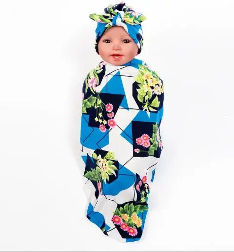 Baby Floral Swaddle Blanket Rabbit Ear Top Hat Newborn Shower Gift Flower Parrern Hospital India cap with waddle set Cotton 1set