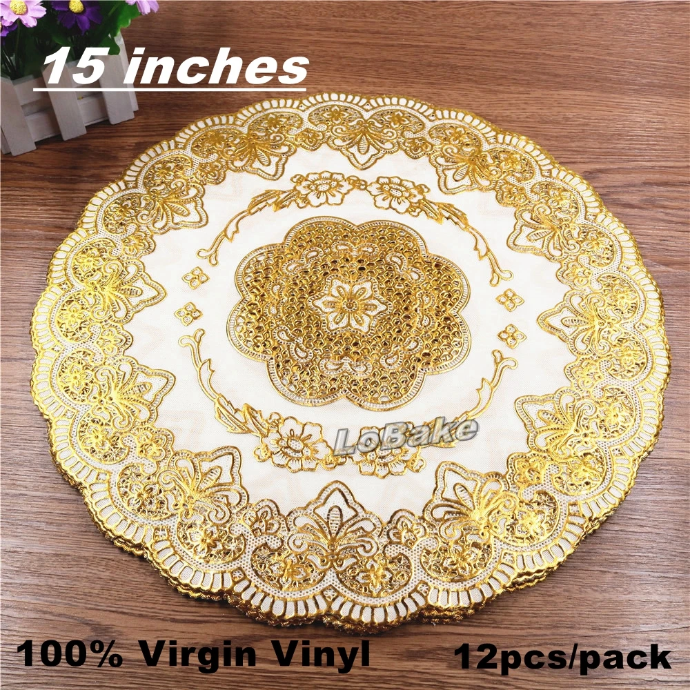 (12pcs/pack) Food grade 15 inches eco-friendly Vinyl PVC plastic round golden lace scarf doily place mat tabletop supplies