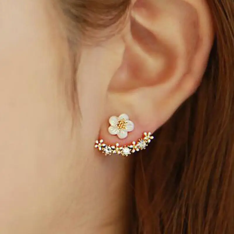 High-end Wild Personality Small Daisy Flower Back-mounted Earrings Inlaid Crystal Sweet Cute Earrings Female Fashion Earrings