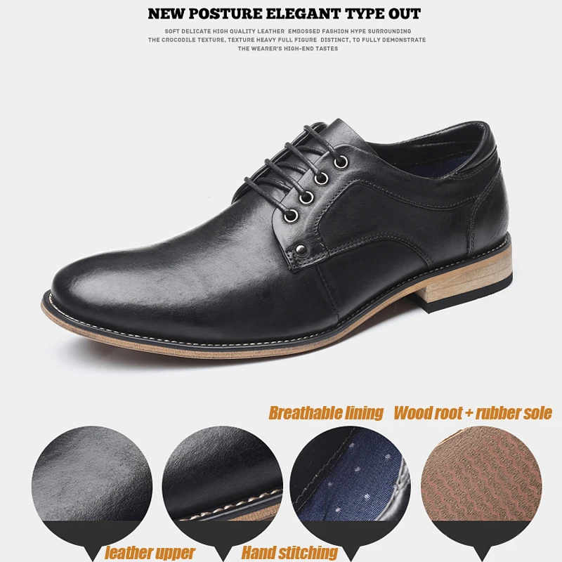 YIGER New Men dress shoes Man formal lace-up shoes Large size Genuine leather business shoes male Increased men\'s shoes 0301