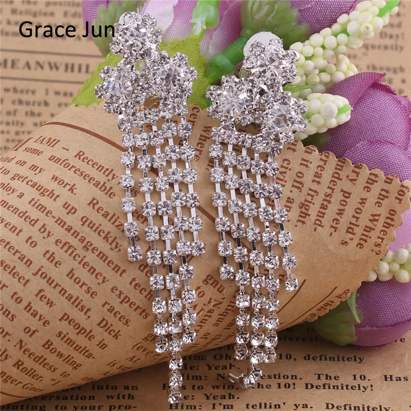 Grace Jun16 Colors Rhinestone Crystal Tassel Clip on Earrings Non Piercing for Women Charm Chandelier Jewelry Ear Clip Xmas Gift