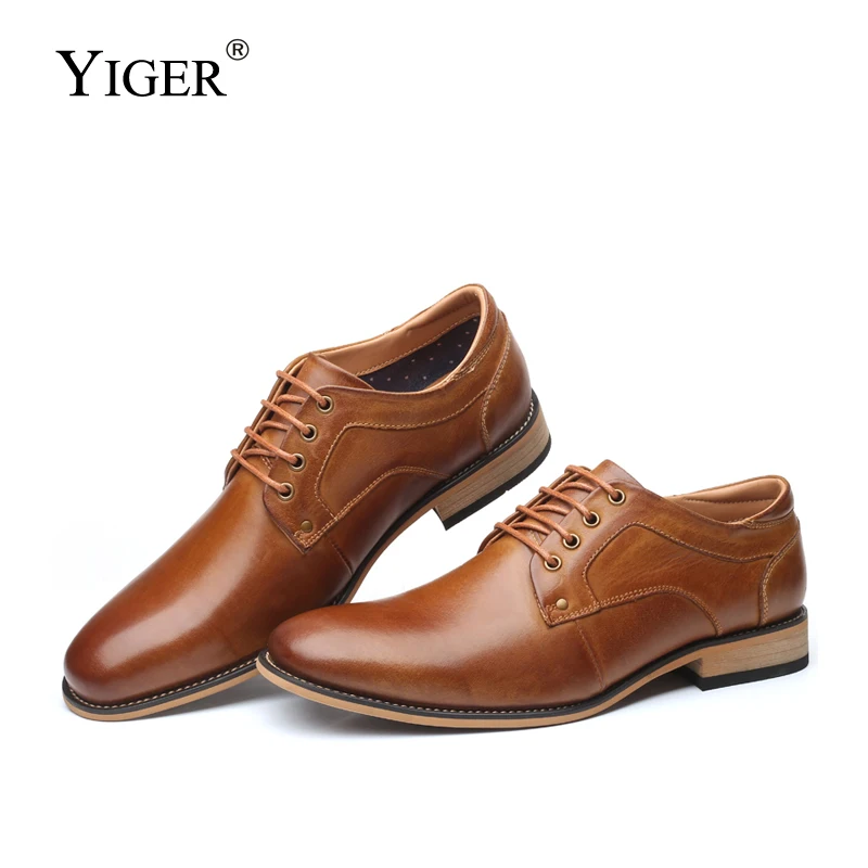 YIGER New Men dress shoes Man formal lace-up shoes Large size Genuine leather business shoes male Increased men\'s shoes   0301