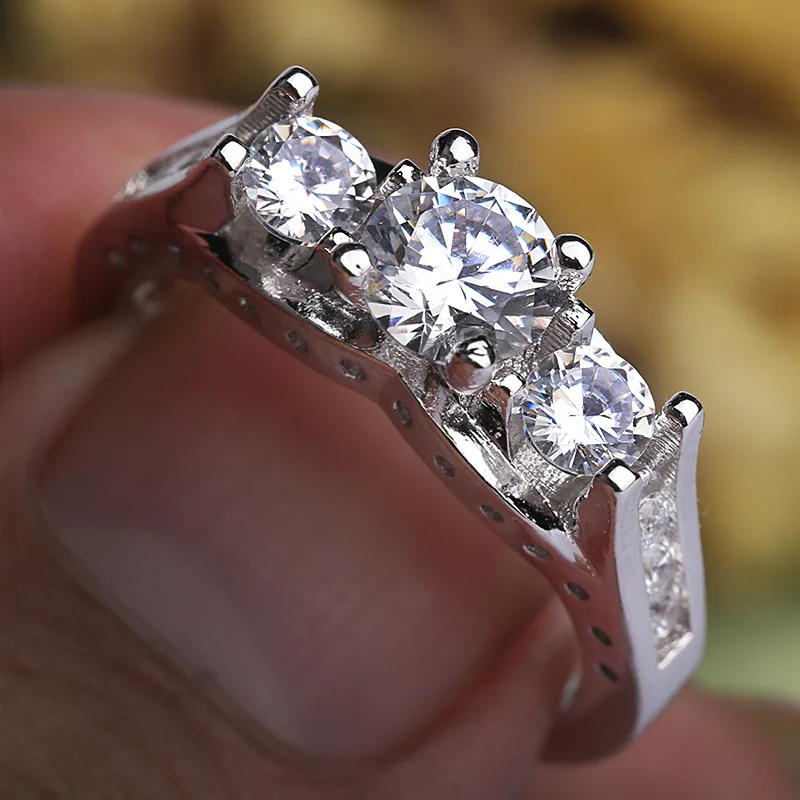 Anti Allergy 3 Rounds Princess Cut Silver Color Jewelry White Clear 5A CZ stones Wedding Bridal Women Plata Rings set Gift